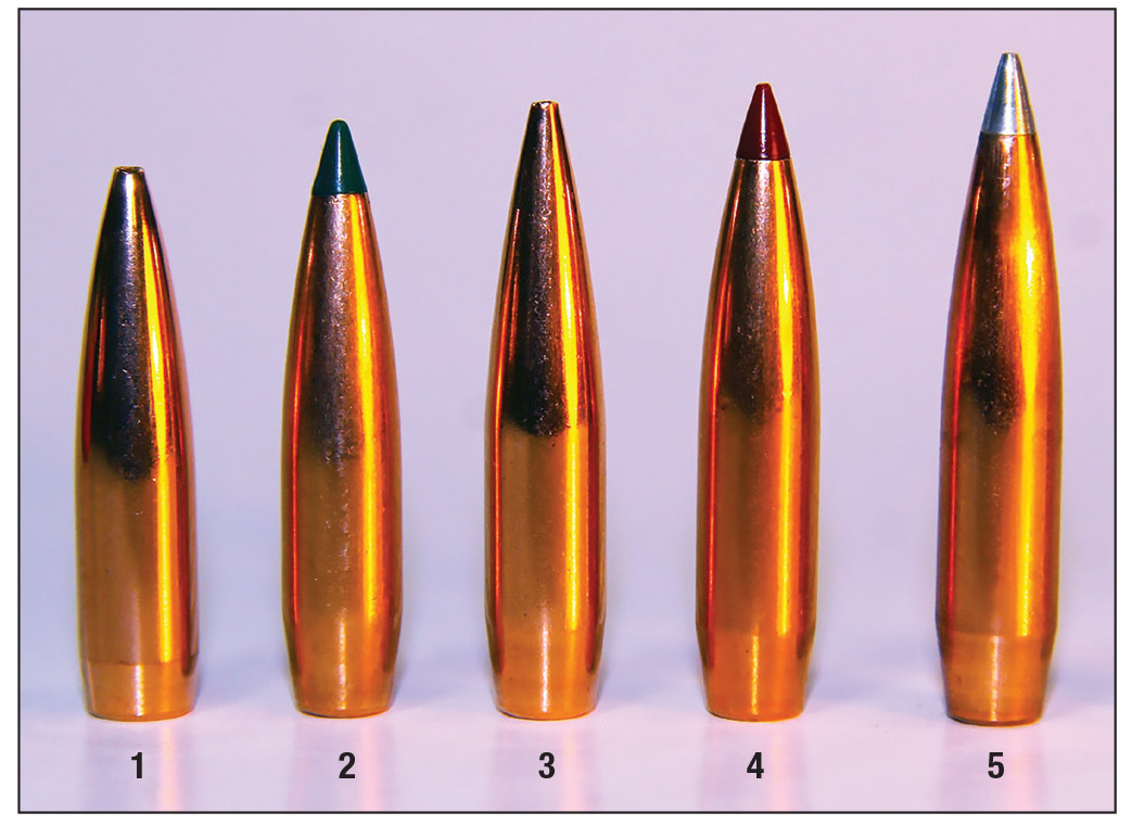 Bullets used to run the 6mm Dasher through the paces included: (1) Lapua’s 90-grain Scenar-L, (2) Sierra’s 95-grain Tipped MatchKing, (3) Berger’s 105-grain VLD Target, (4) Hornady’s 108-grain ELD Match and (5) 110-grain A-Tip Match.